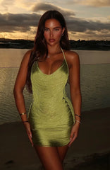 Reckless Glamour Fringe Mini Dress Chartreuse