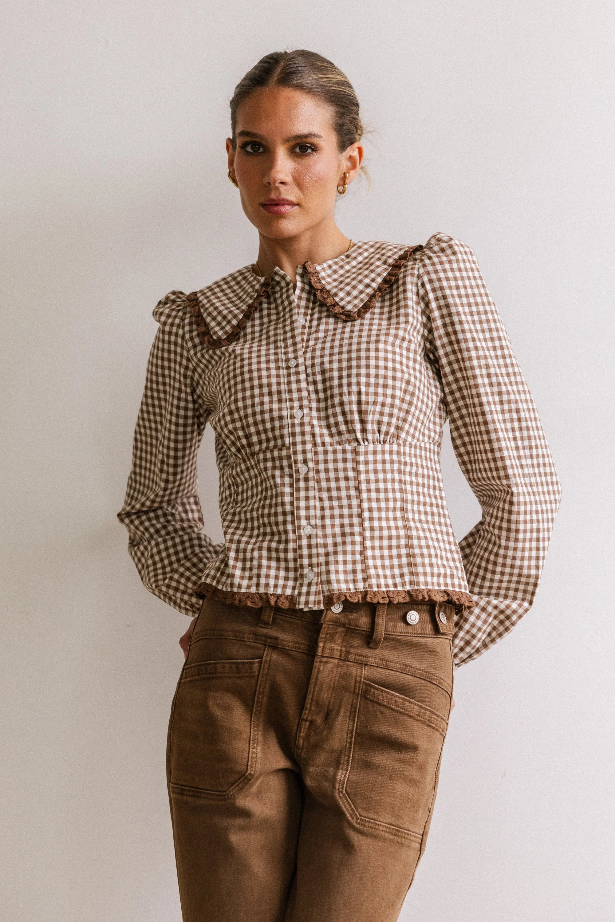 Brenna Gingham Blouse in Mocha
