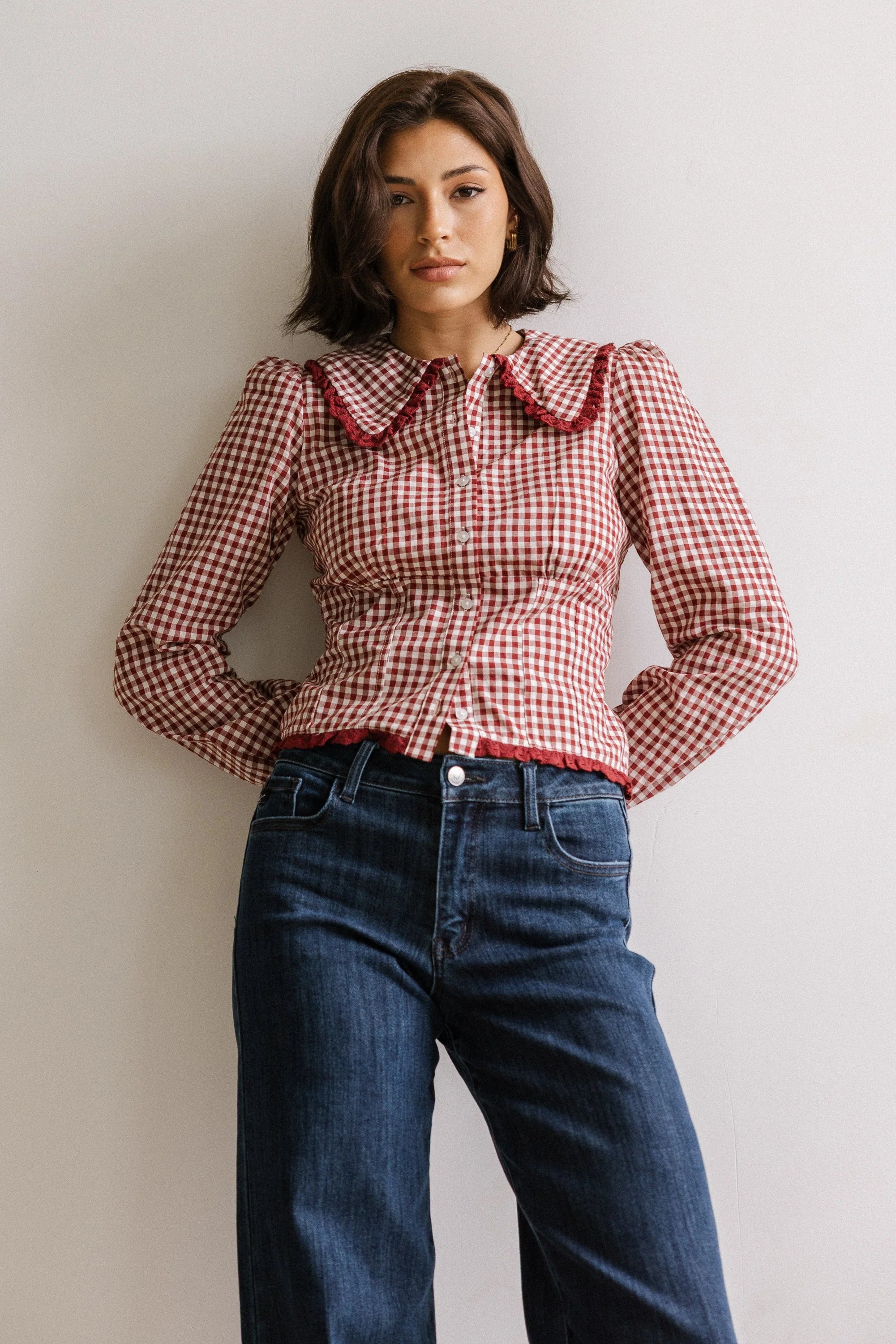 Brenna Gingham Blouse in Burgundy